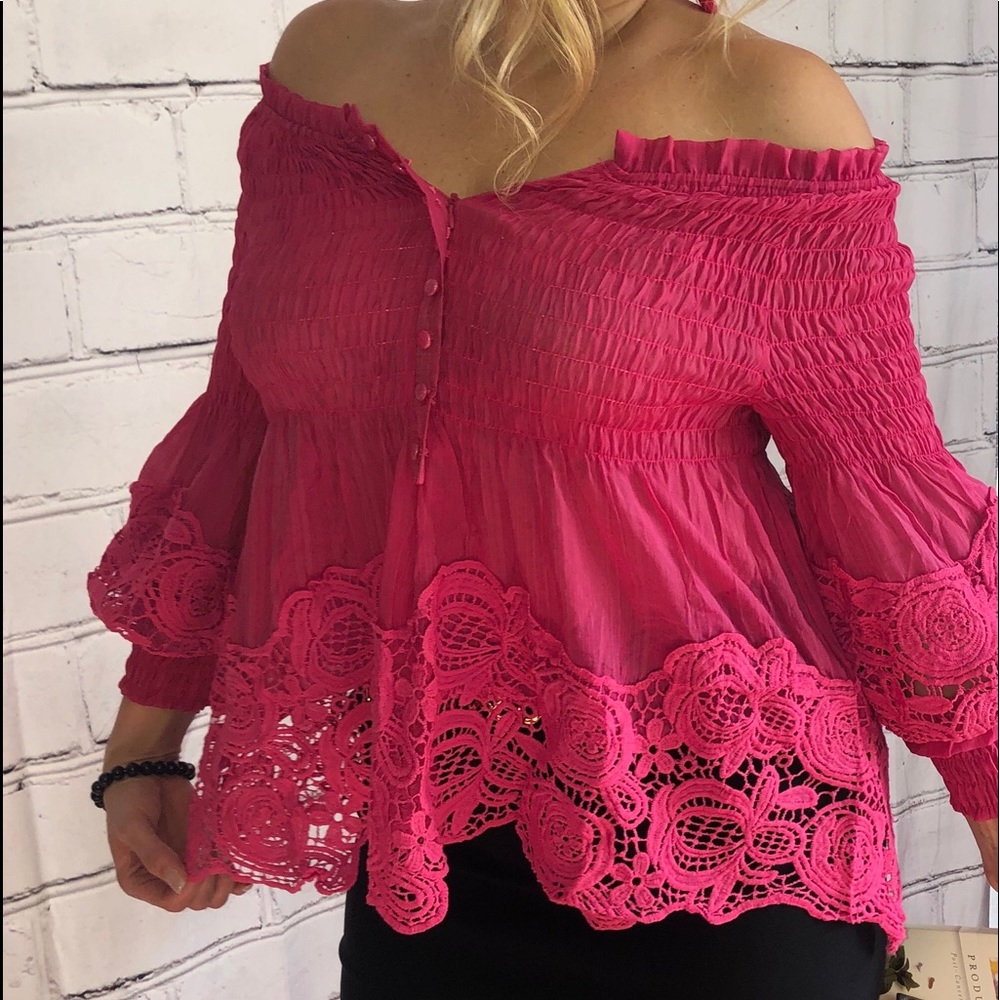 fuschia smocked off the shoulder top